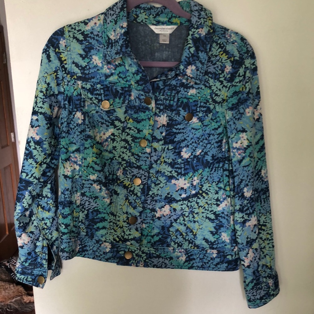 Christopher & Banks Blue and Green Jean Jacket with Artistic Print